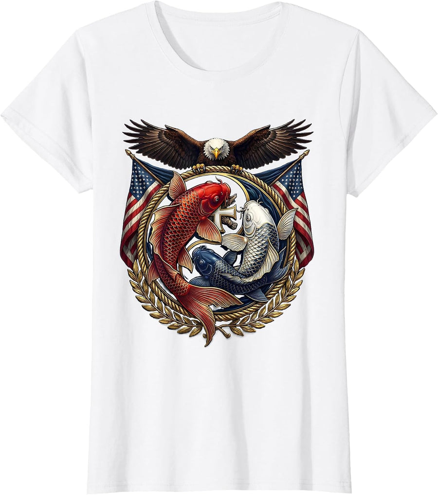 Women's Red White and Blue Koi Fish Swirl Graphic T-Shirt - White