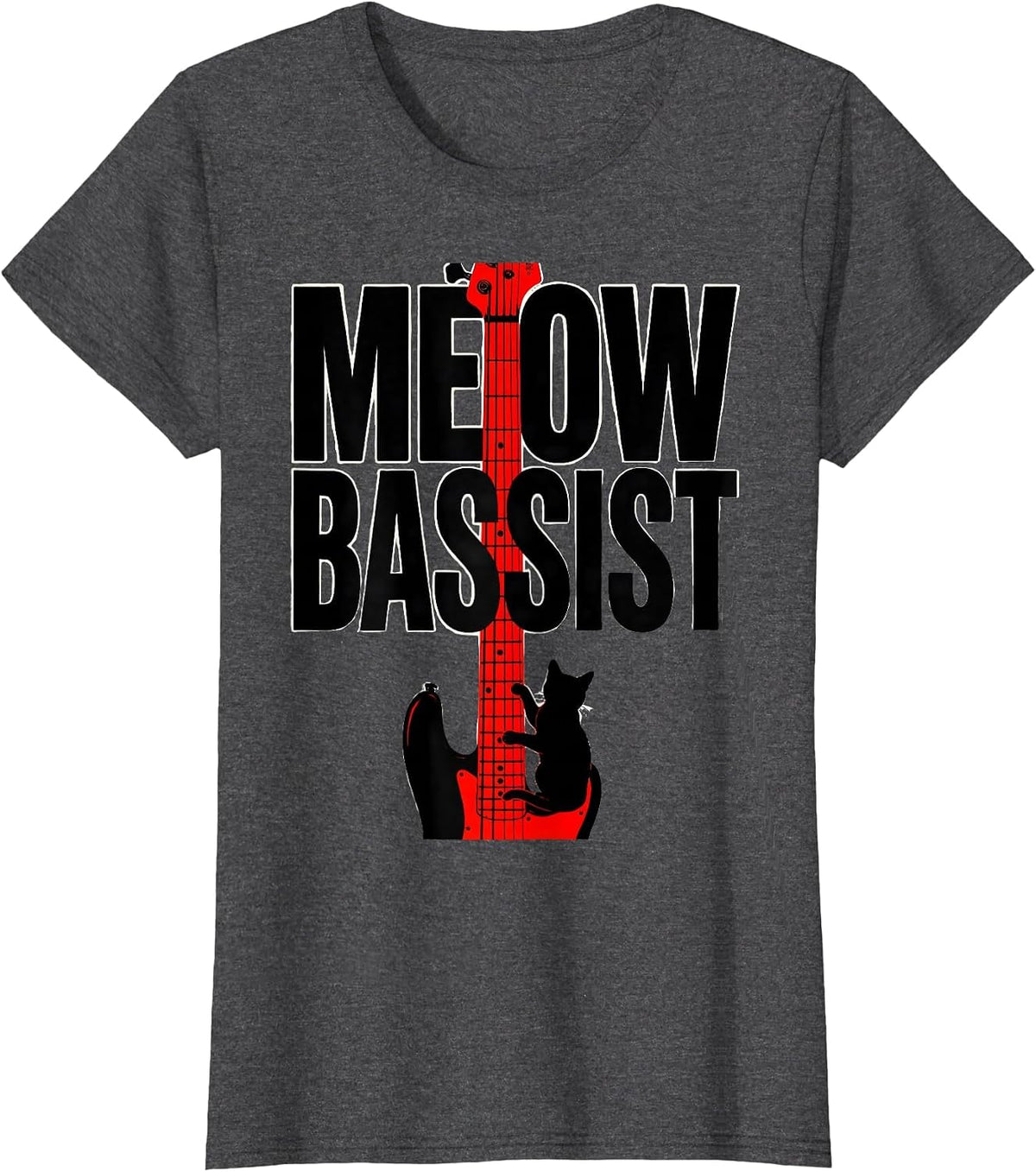 Women's Meow Bassist Funny Cat Rock Music Bass Guitar Humor T-Shirt - Dark Heather Grey