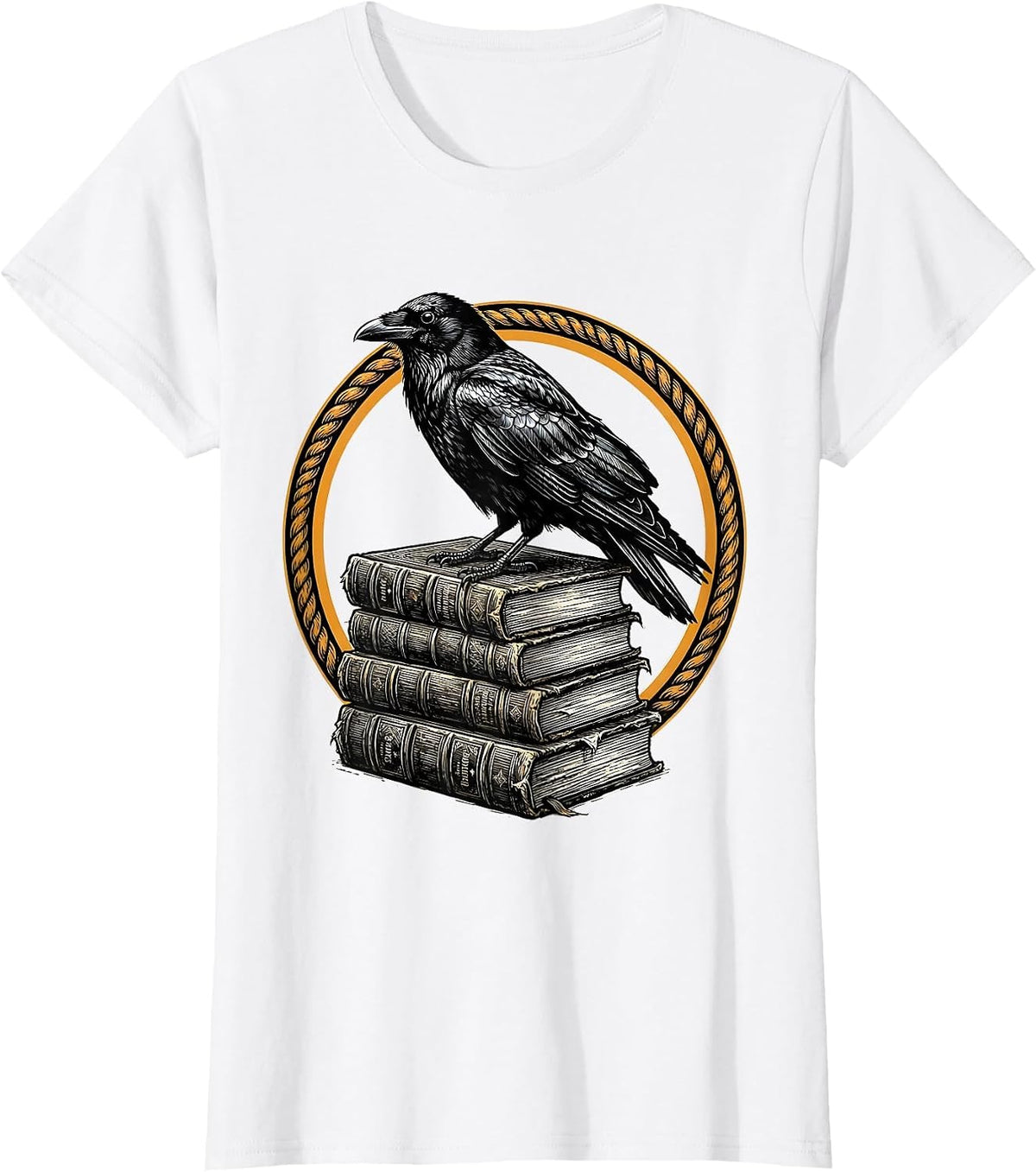 Crow Perched on Stack of Old Books T-Shirt - White