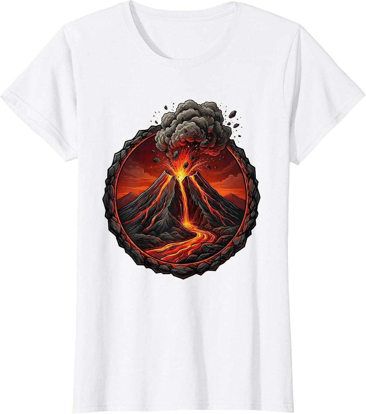 Erupting Volcano Lava Stream Graphic Design T-Shirt - White