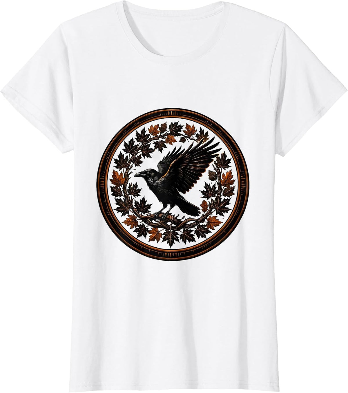 Crow and Swirling Autumn Leaves Illustration T-Shirt - White