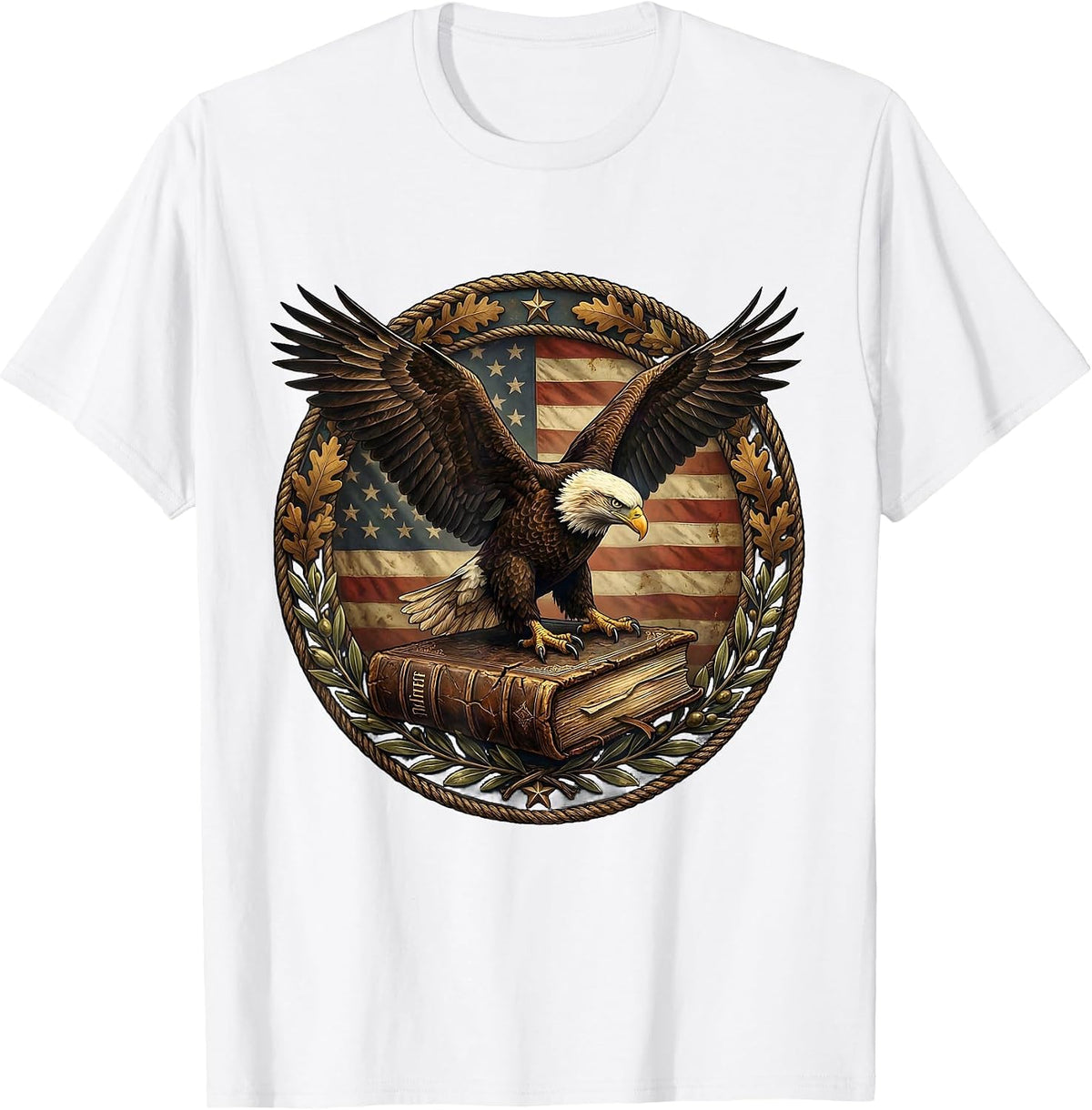 Men's Bald Eagle Perched on Bible Patriotic Graphic T-Shirt - White