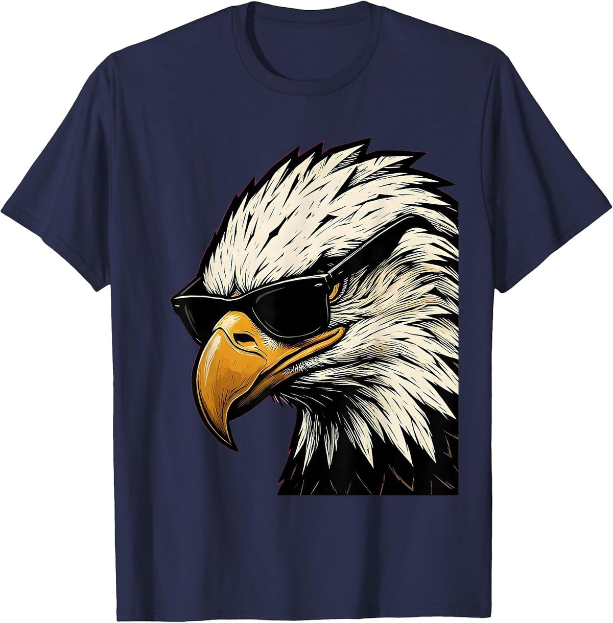 Men's Bald Eagle Sunglasses Linocut Eagle Fan Novelty T-Shirt - Navy Blue