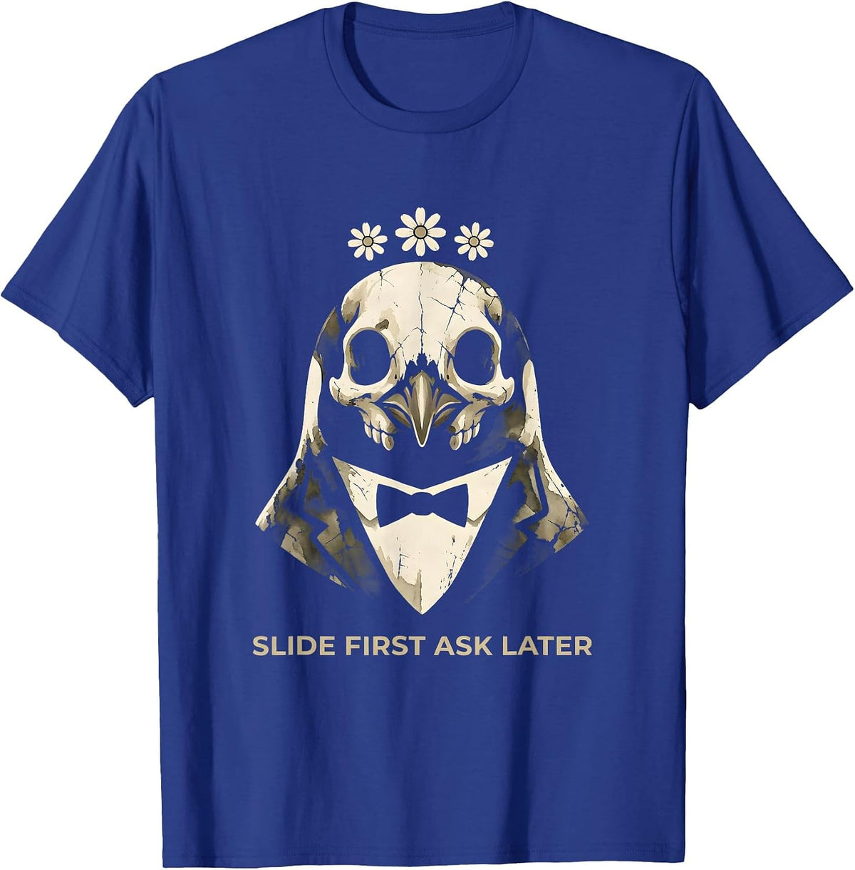 Slide First Ask Later Penguin Graphic Design T-Shirt - Royal Blue