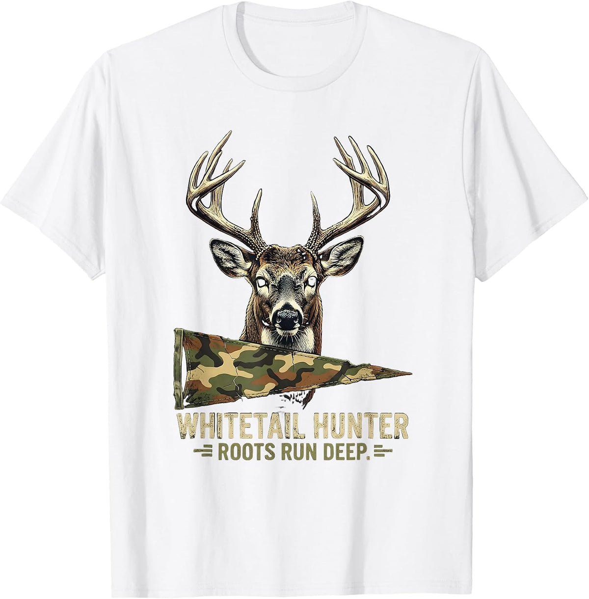 Men's Whitetail Hunter Roots Run Deep Distressed Camo Dad Humor T-Shirt - White