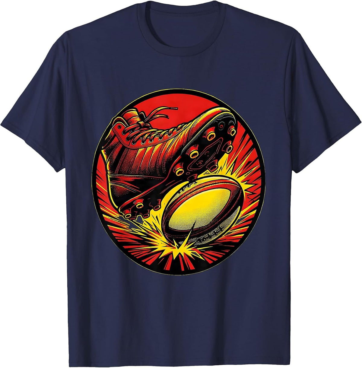 Rugby Boot Crashing Into Ball Graphic Tee T-Shirt - Navy Blue