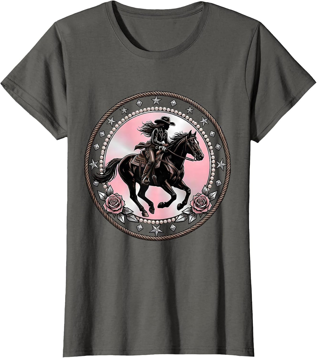 Women's Cowgirl Riding Horse Sunset Silhouette T-Shirt - Asphalt Grey