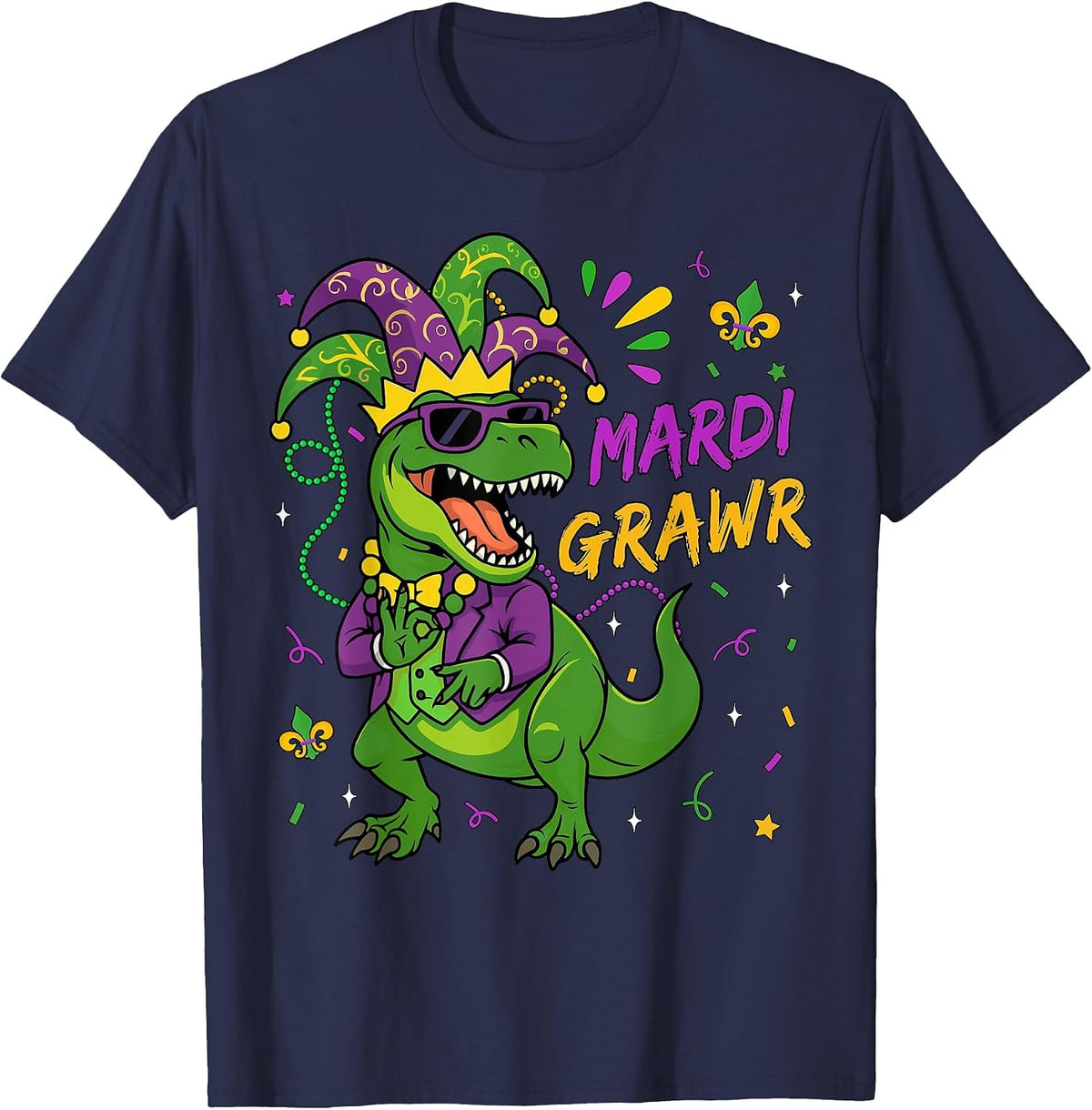 Mardi Grawr T-Rex Dino Toddler Kids Mardi Gras Boys Men Kids T-Shirt - Navy Blue