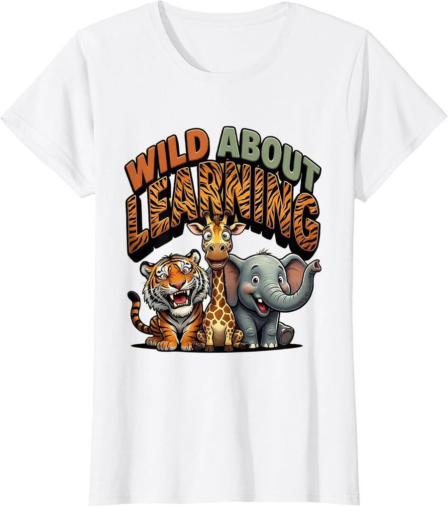 Women's Wild About Learning Cartoon Safari Animal Teacher Student T-Shirt - White
