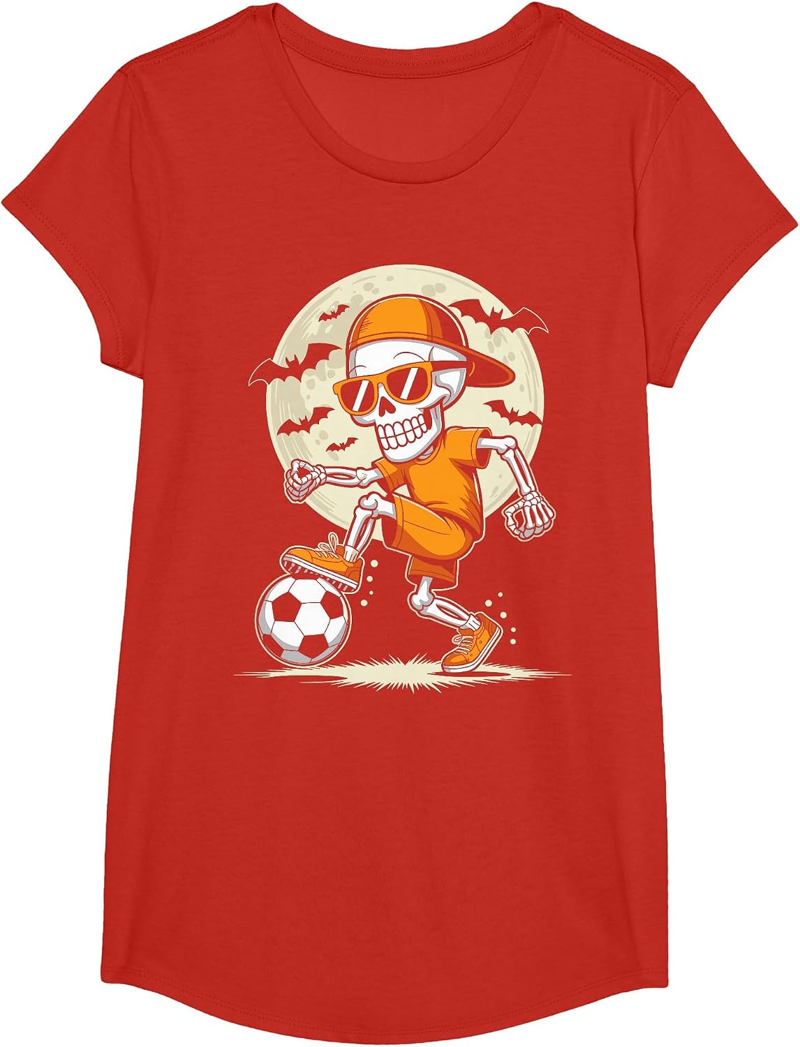 Funny Cartoon Skeleton Halloween Soccer Player Boys Kids T-Shirt - Girls Red