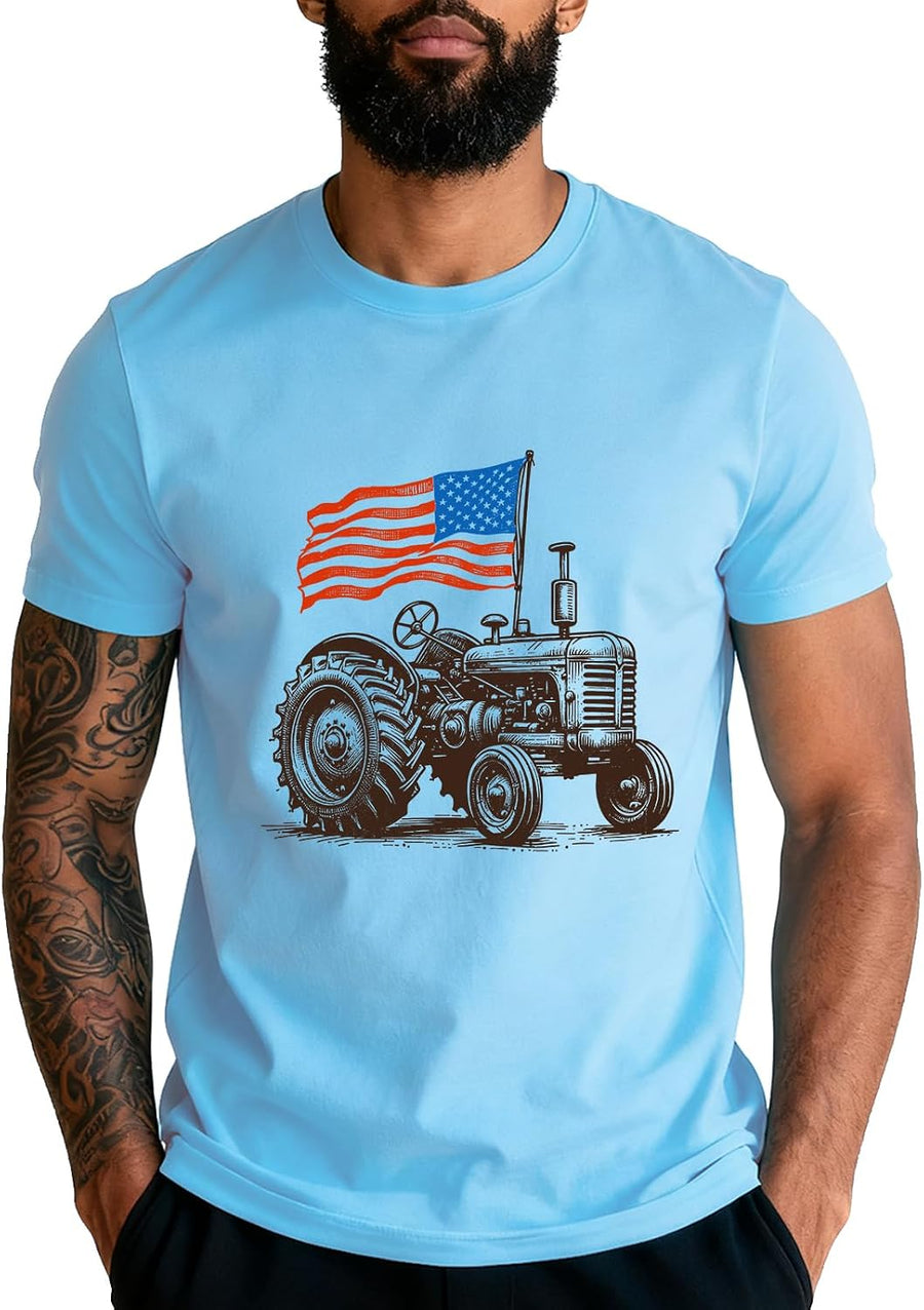 Farm Tractors USA Flag Shirt Patriotic Farming T-Shirt Unisex - Sky Blue