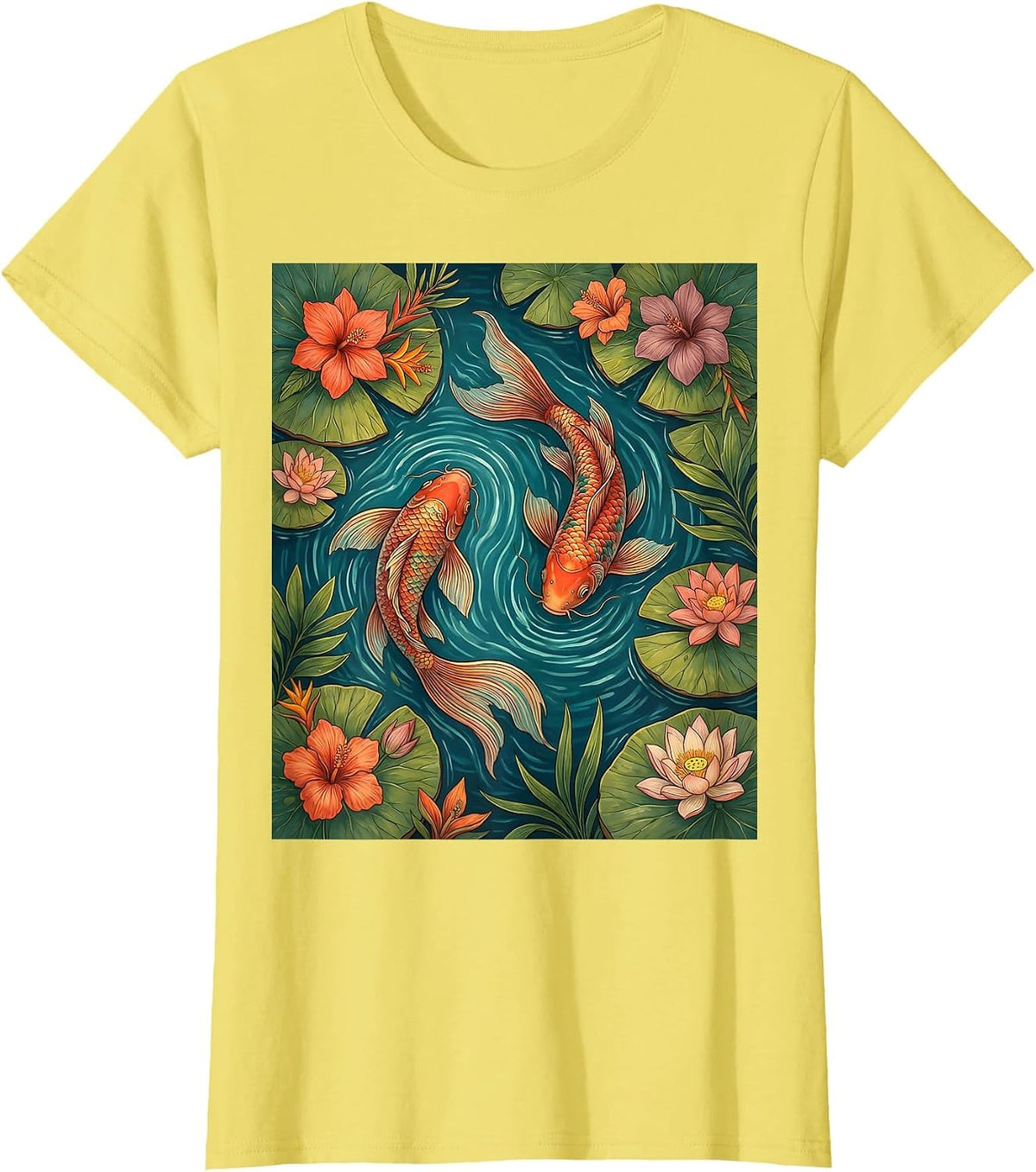 Colorful Koi Fish Lily Pad Hawaiian Design T-Shirt - Lemon Yellow