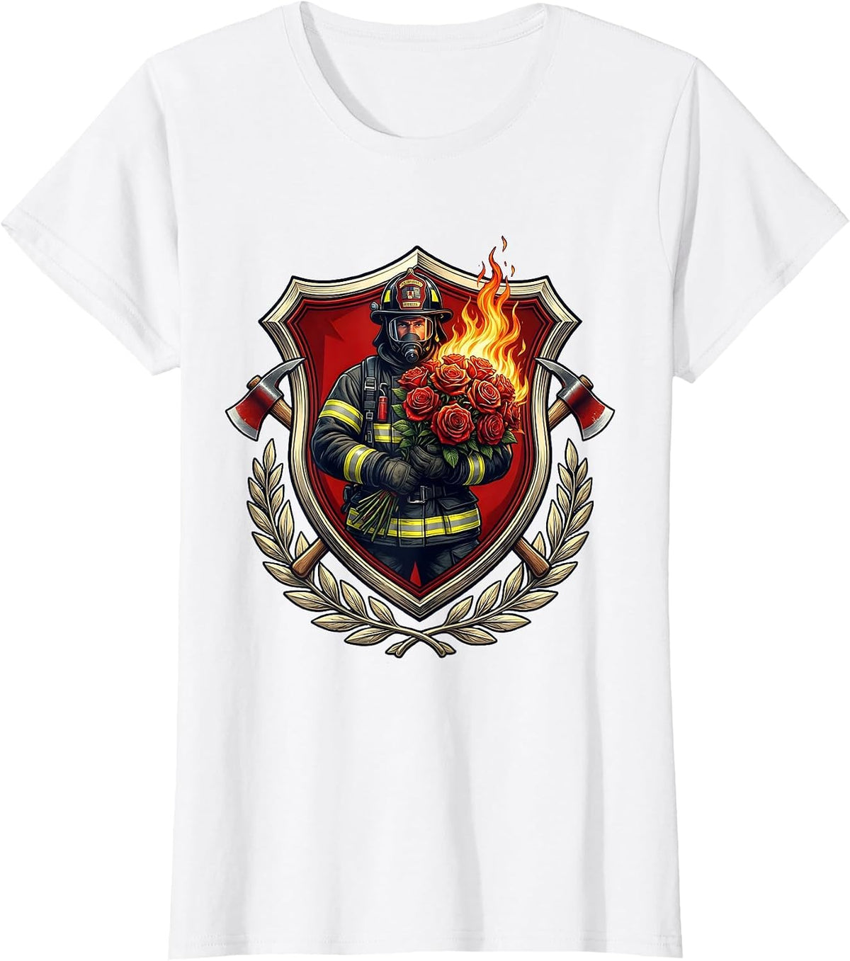 Fireman Flaming Roses Bouquet Graphic Design T-Shirt - White