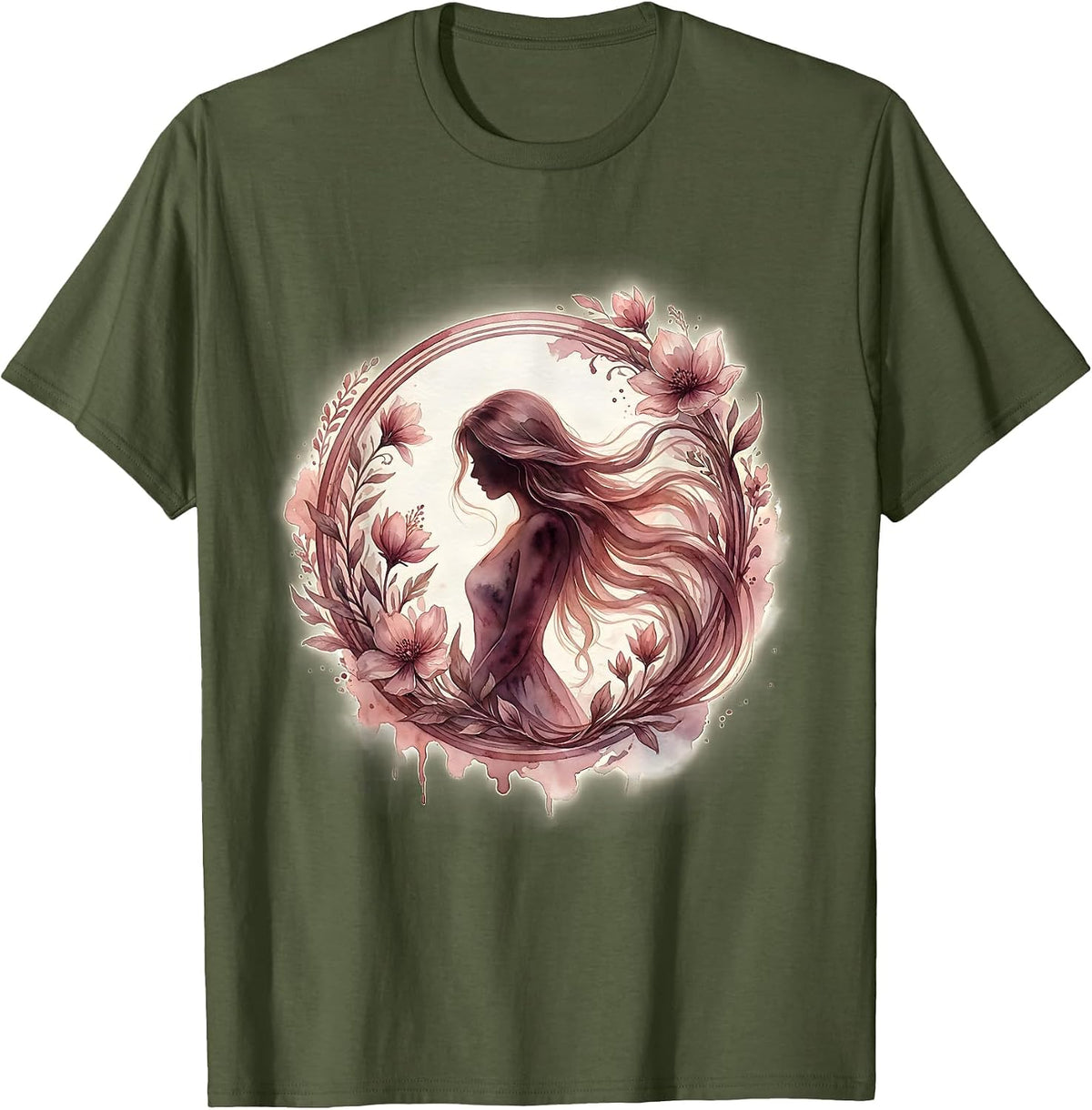 Elegant Silhouette Flowing Hair Gigi Graphic T-Shirt - Olive Green