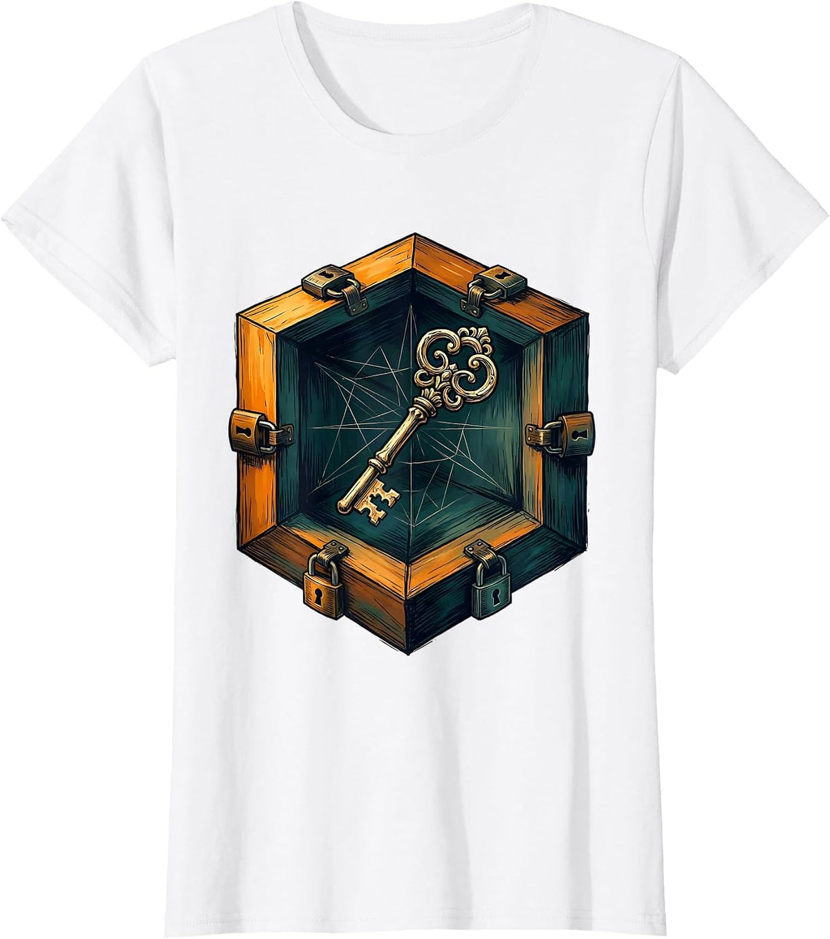 Key Inside Locked Glass Cube Surreal Art Design T-Shirt - White