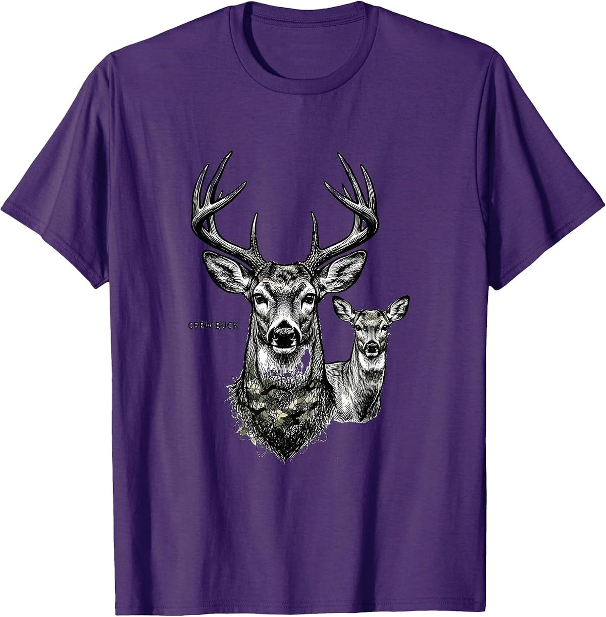 Crew Buck Line Art Camo Deer Hunting Youth Humor T-Shirt - Purple