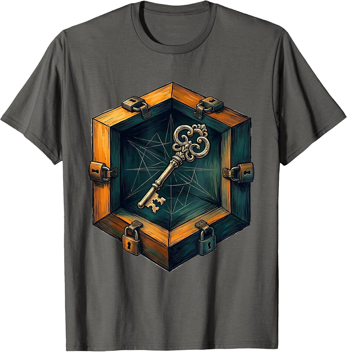Key Inside Locked Glass Cube Surreal Art Design T-Shirt - Asphalt Grey