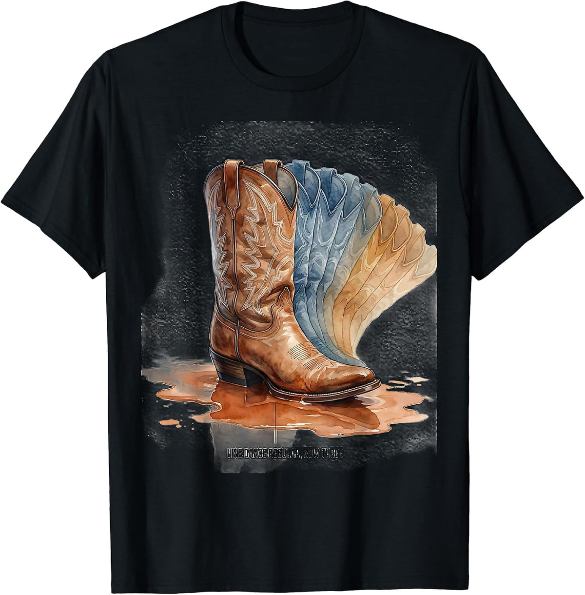 Men's Line Dance Regular Row Three Watercolor Cowboy Boot Dancer T-Shirt - Black