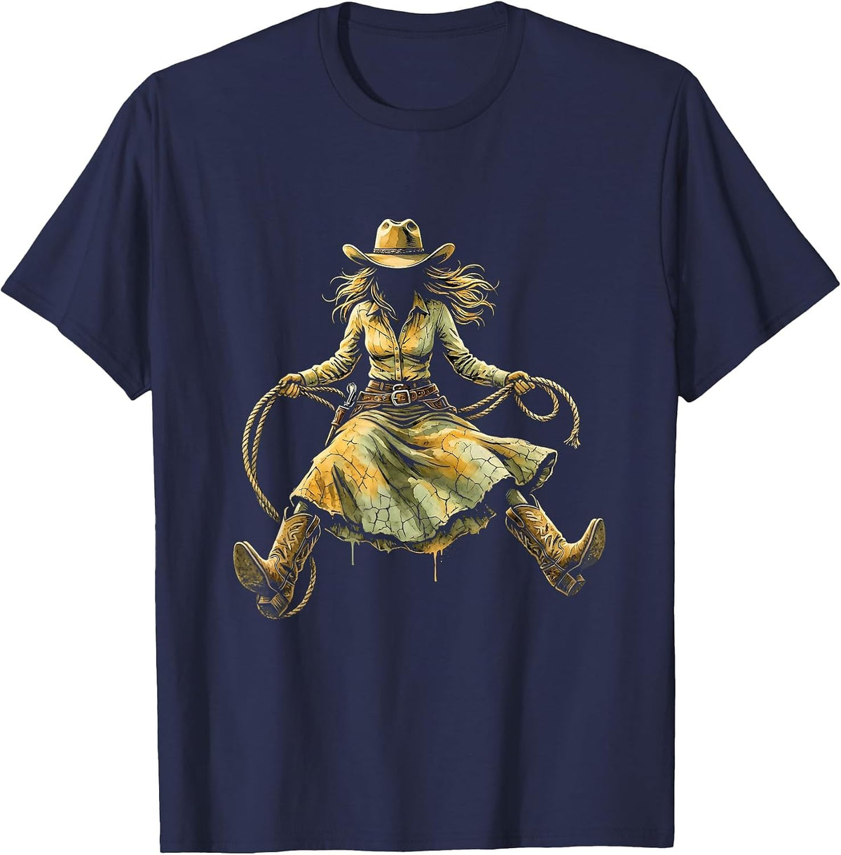 Cowgirl Barn Rope Swing Western Hat Graphic T-Shirt - Navy Blue