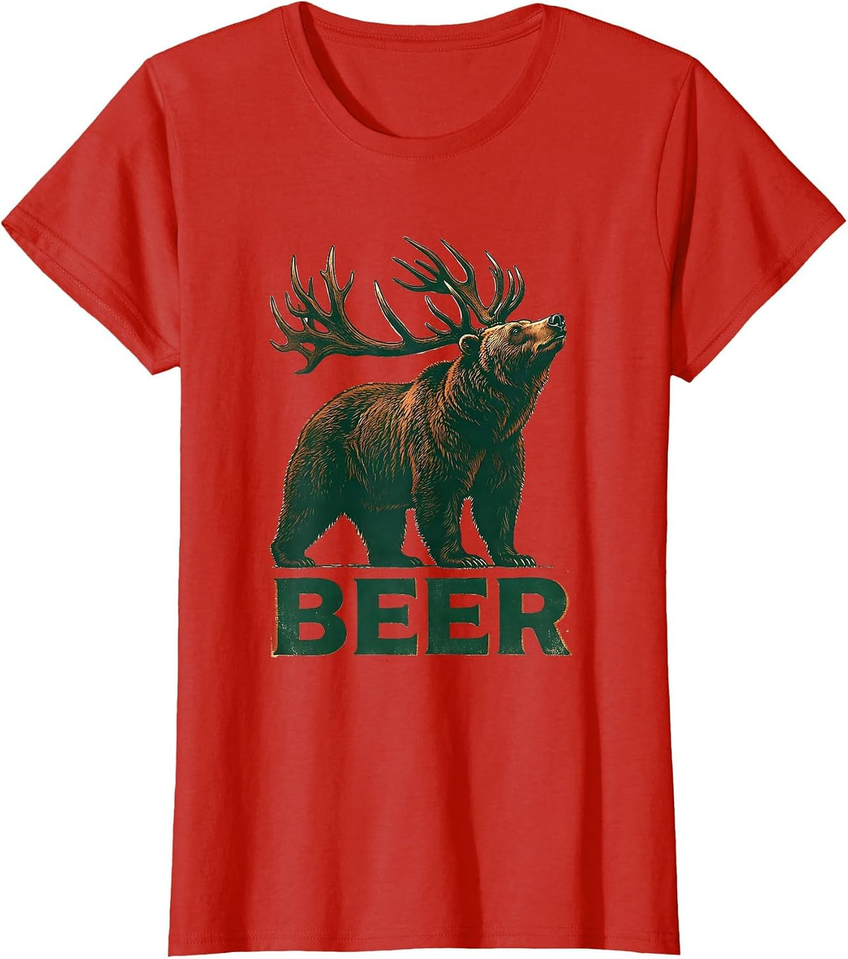 BEER Vintage Bear Deer Funny Hunting Drinking Humor T-Shirt - Red