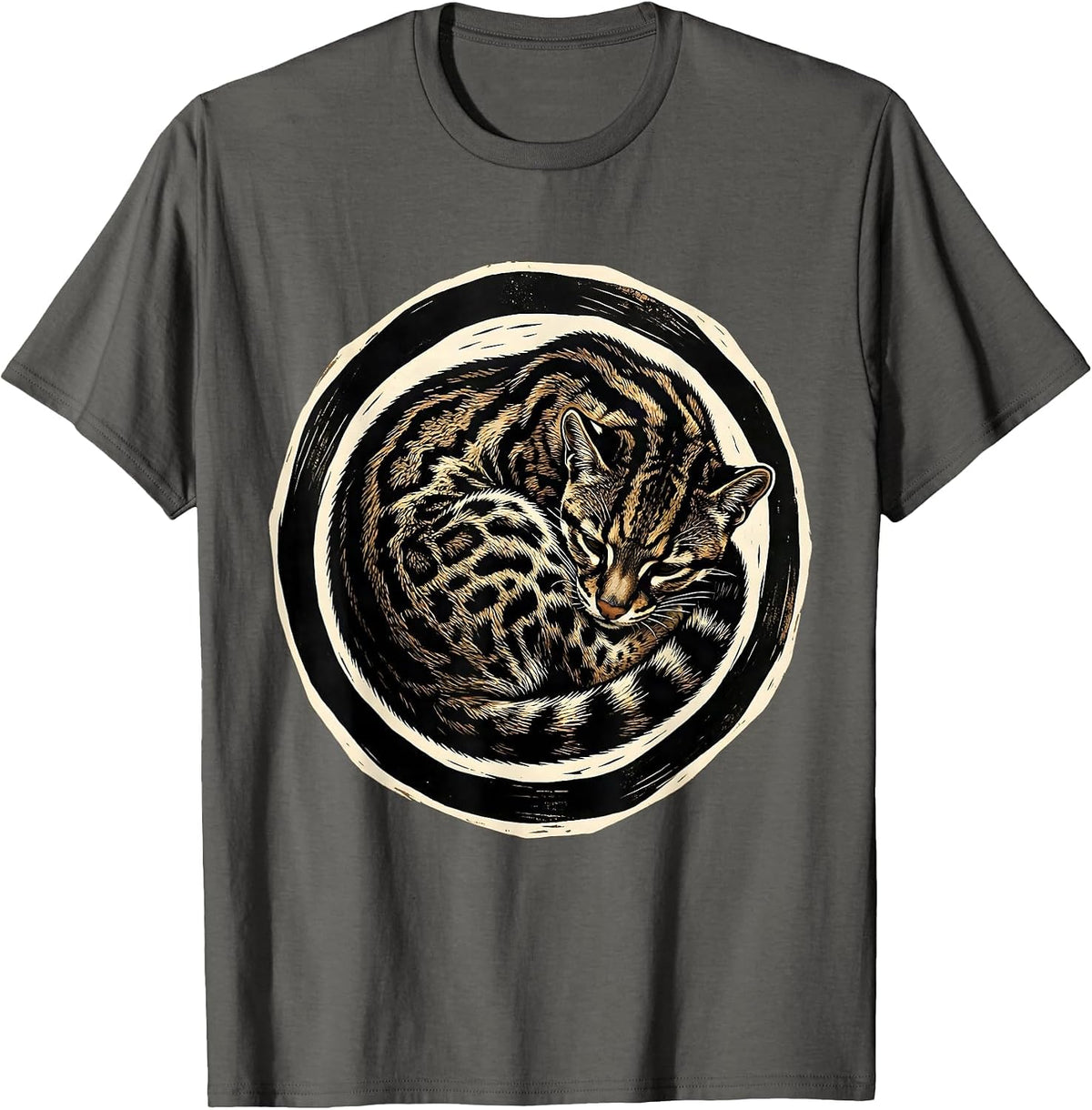 Ocelot Sleeping Curl Wild Cat Animal Print T-Shirt - Asphalt Grey