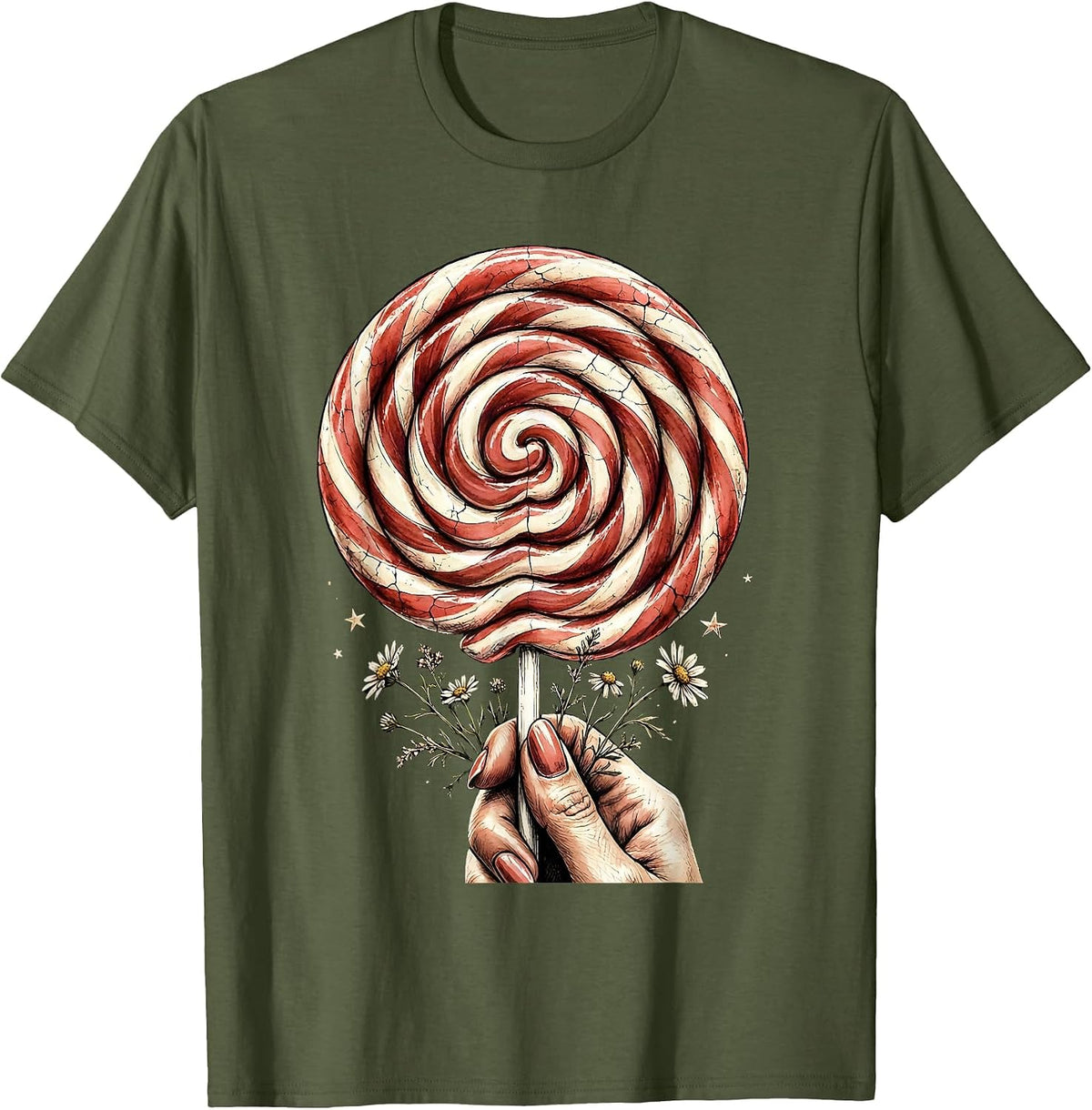 Patriotic Lollipop Girl Red White Blue T-Shirt - Olive Green