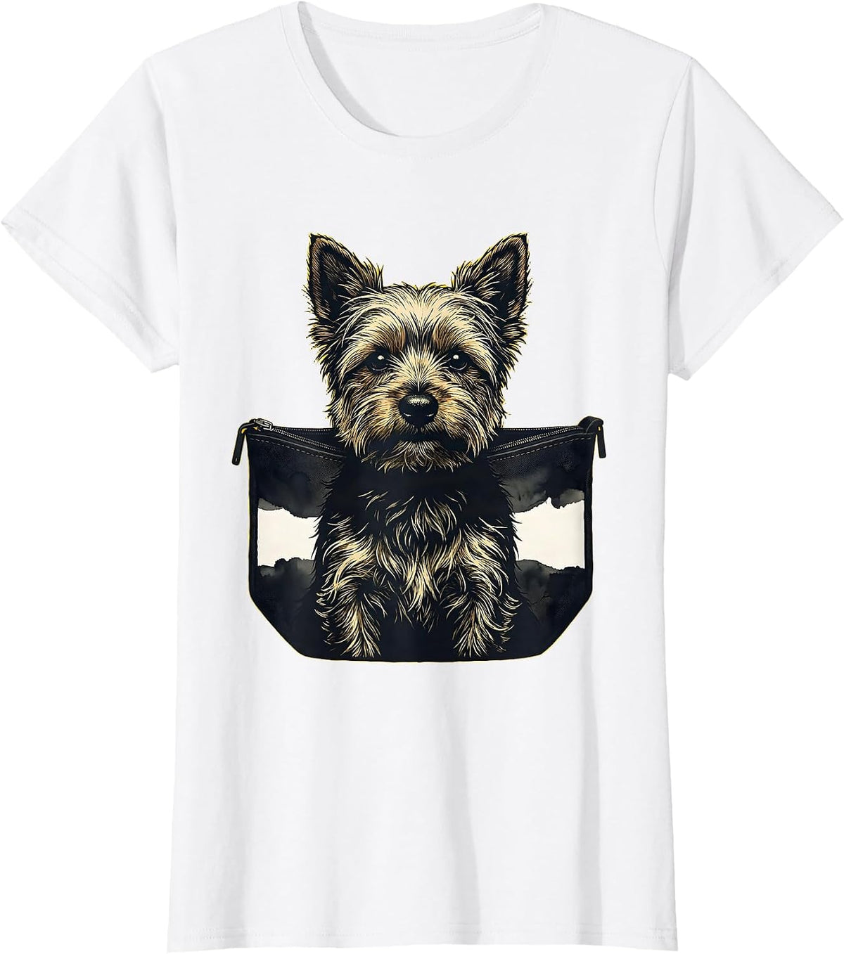 Peeking Puppy Pocket Yorkshire Terrier Stencil Graphic T-Shirt - White