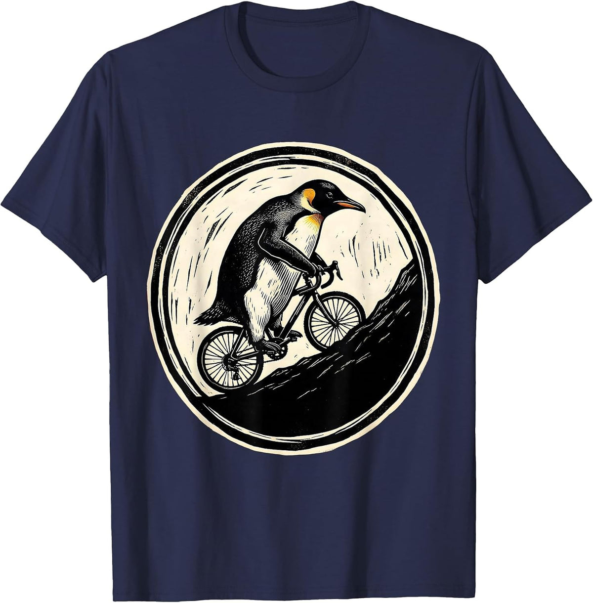 Penguin Riding a Bicycle Uphill Graphic T-Shirt - Navy Blue