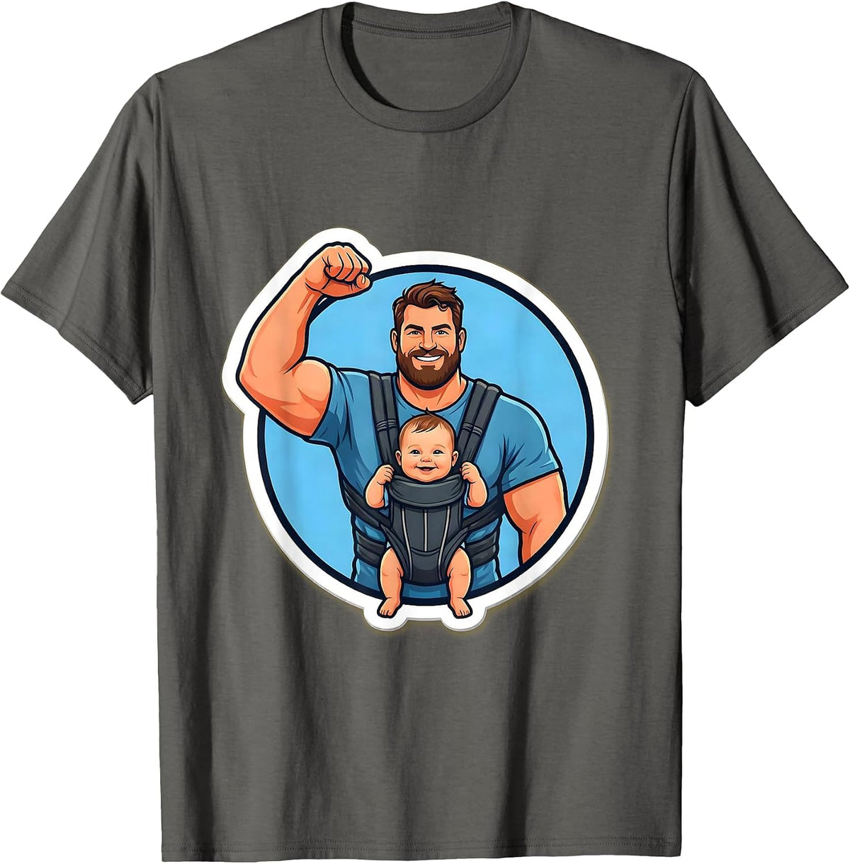 Men's Dad Baby Carrier Bicep Curl Funny Graphic Tee T-Shirt - Asphalt Grey