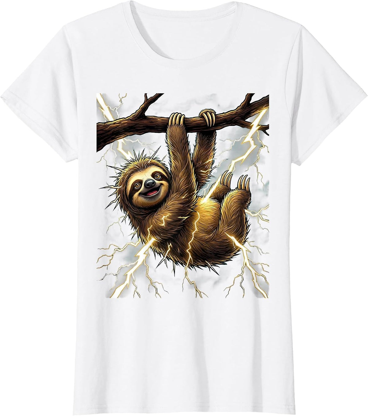 Women's Sloth Hanging in a Lightning Storm Illustration T-Shirt - White