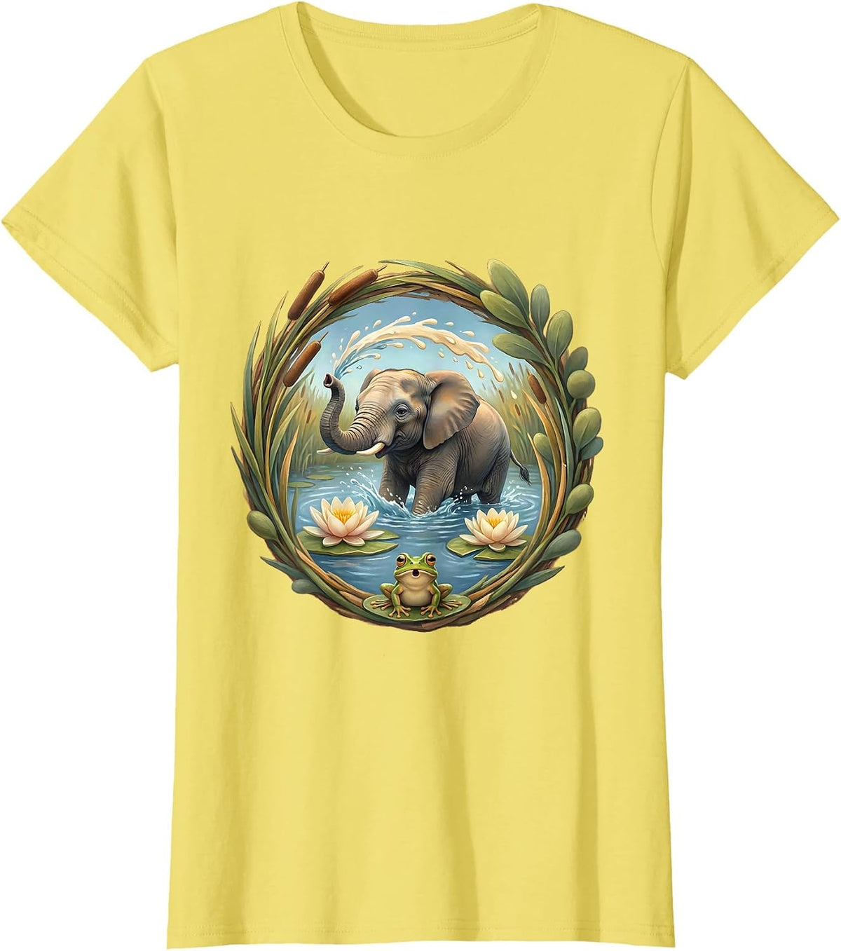 Baby Elephant Splashing in Watering Hole T-Shirt - Lemon Yellow