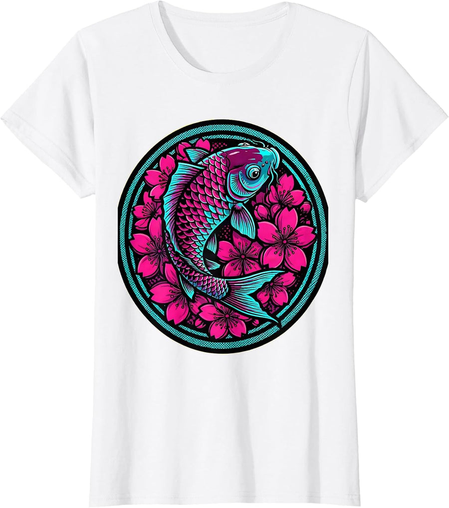Women's Koi Fish and Cherry Blossom Anime Art T-Shirt - White