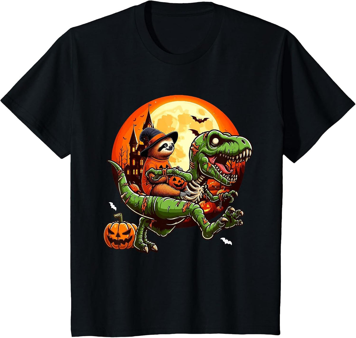 Sloth Riding Horror T-rex As Zombie Halloween Kids Toddler T-Shirt - Black