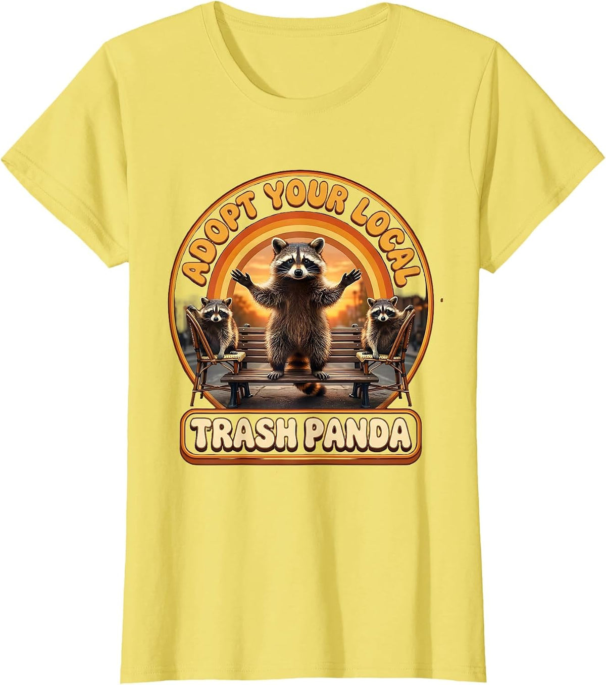 Women's Adopt Your Local Trash Panda Retro 70s Raccoon Meme Humor T-Shirt - Lemon Yellow