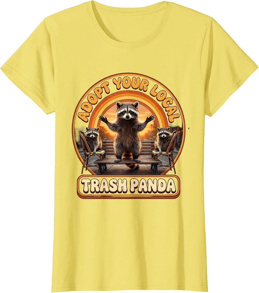 Women's Adopt Your Local Trash Panda Retro 70s Raccoon Meme Humor T-Shirt - Lemon Yellow
