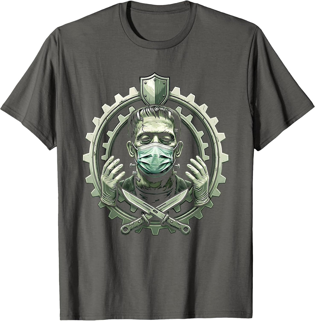 Nurse Halloween Frankenstein Monster Surgical Mask T-Shirt - Asphalt Grey