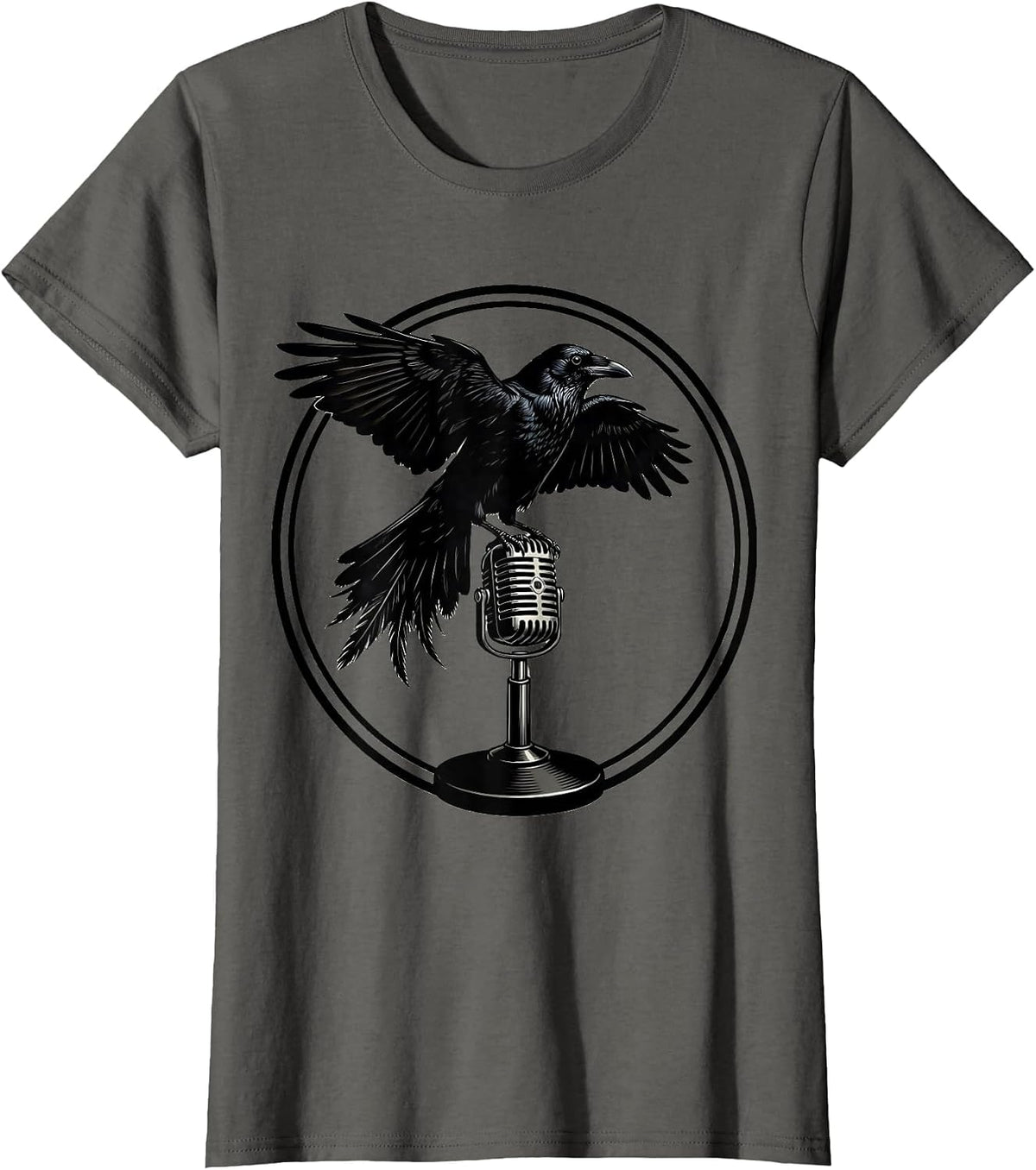 Women's Crow on Microphone Stand Rock Band Graphic T-Shirt - Asphalt Grey