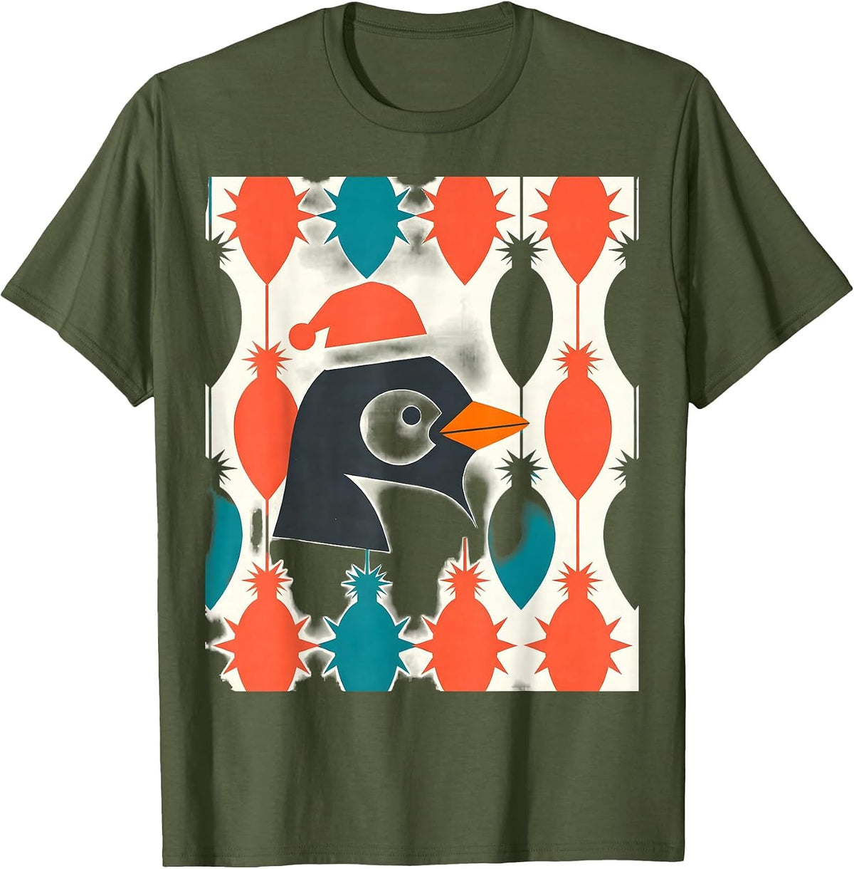 Men's Penguin Santa Hat Midcentury Modern Christmas Animal Lover T-Shirt - Olive Green