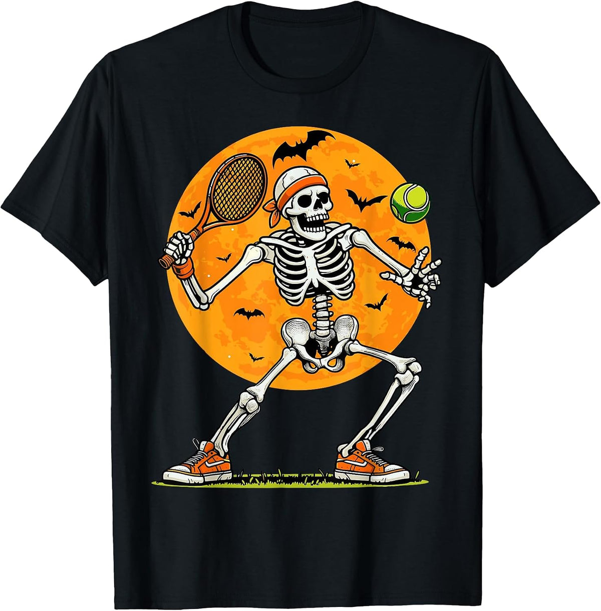 Tennis Skeleton Spooky Boys Funny Halloween Tennis Player T-Shirt - Black