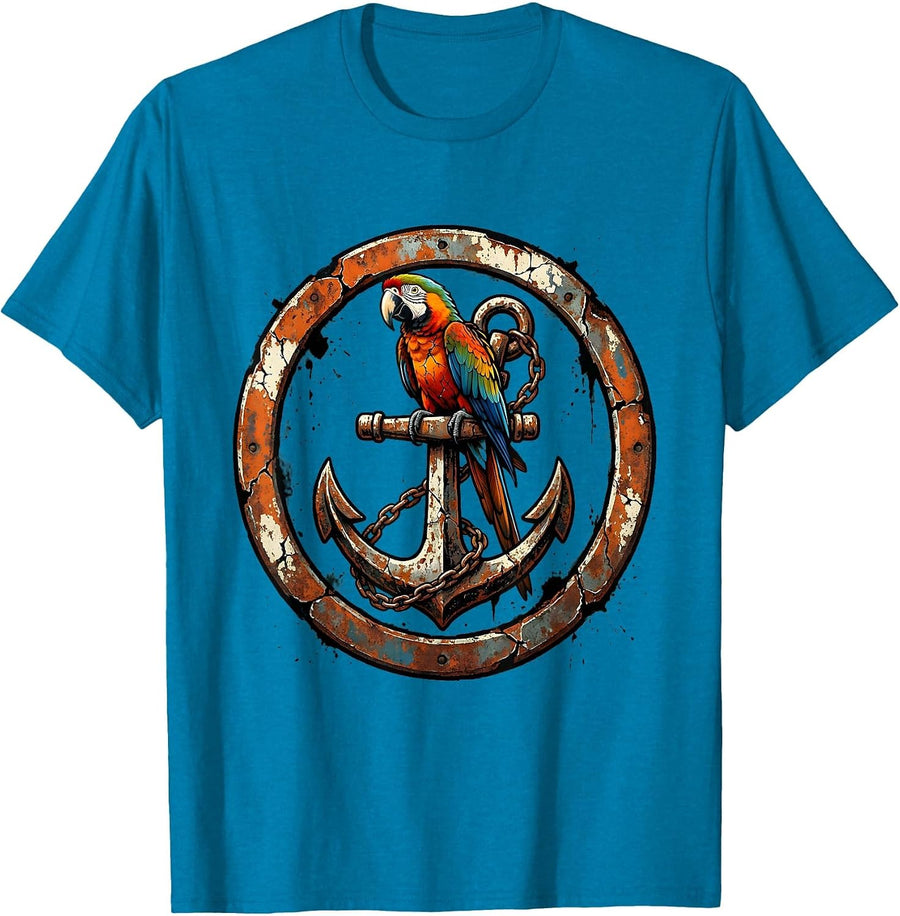 Parrot on Rusty Anchor Pirate Graphic Tee T-Shirt - Sapphire Blue