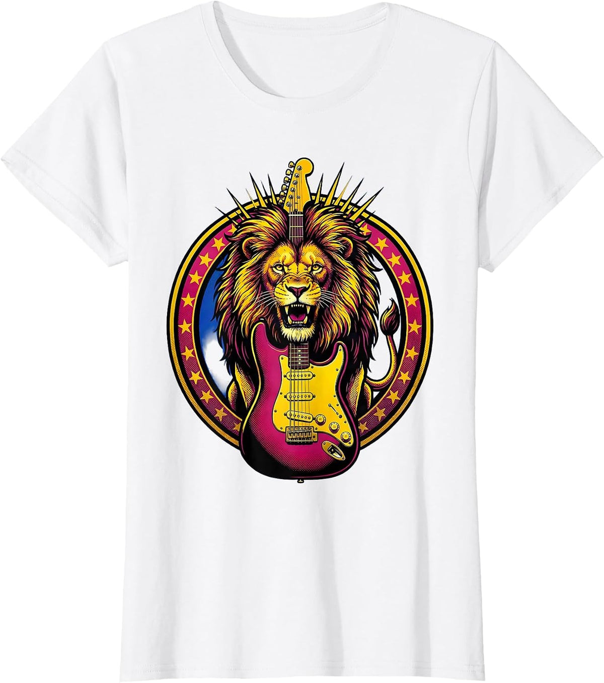 Roaring Lion Electric Guitar Classic Rock Design T-Shirt - White