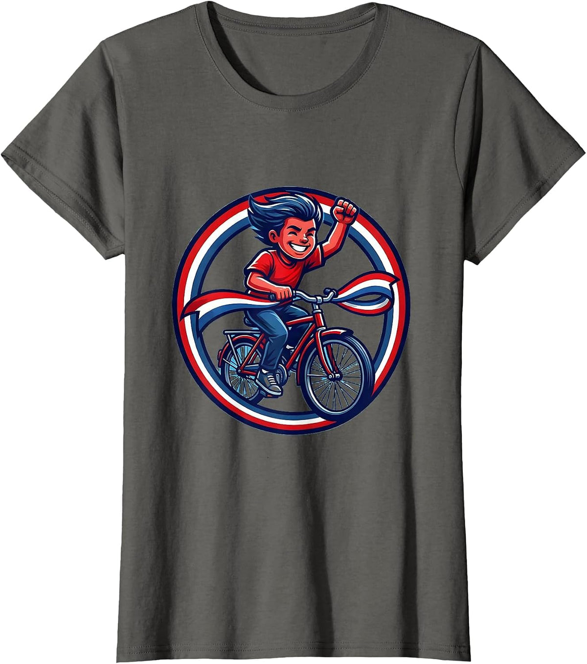 Women's Red White and Blue Bicycle Flag Streamers Kids Tee T-Shirt - Asphalt Grey