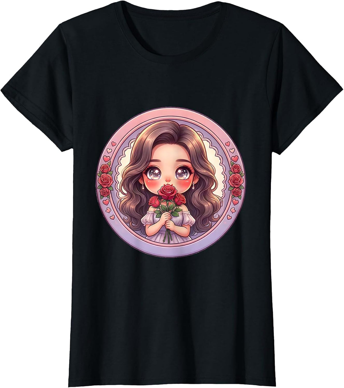 Gigi Elegant Rose Blowing Kiss Illustration T-Shirt - Black