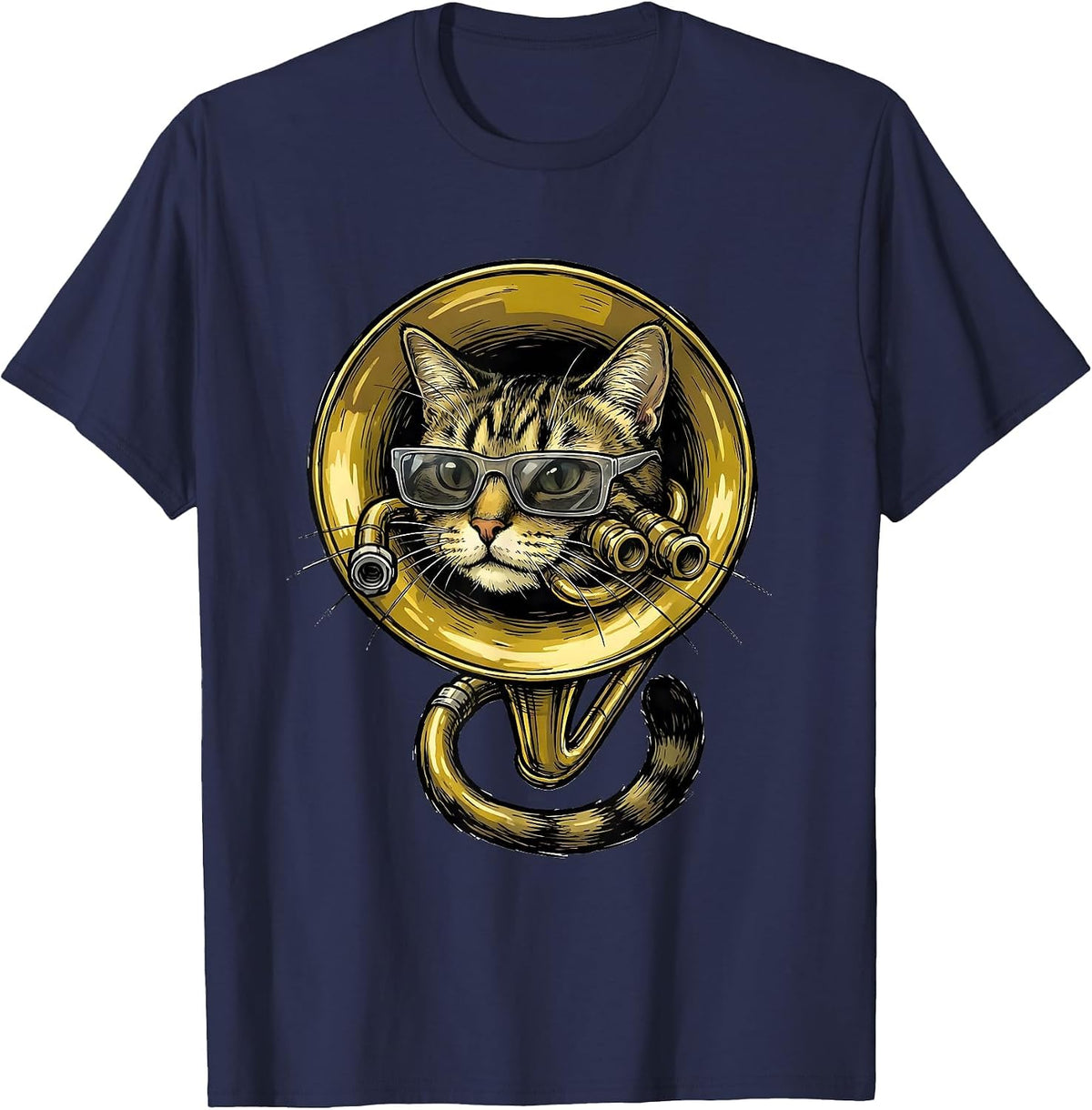 Men's Trumpet Cat With Sunglasses Funny Musician Humor T-Shirt - Navy Blue