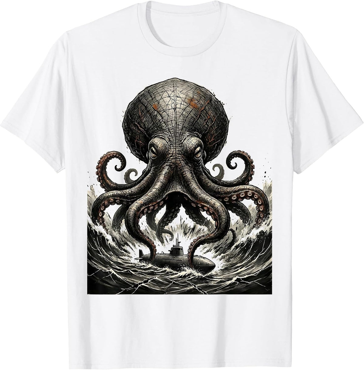 Men's Kraken Erupting Distressed Sea Monster Octopus Lover T-Shirt - White