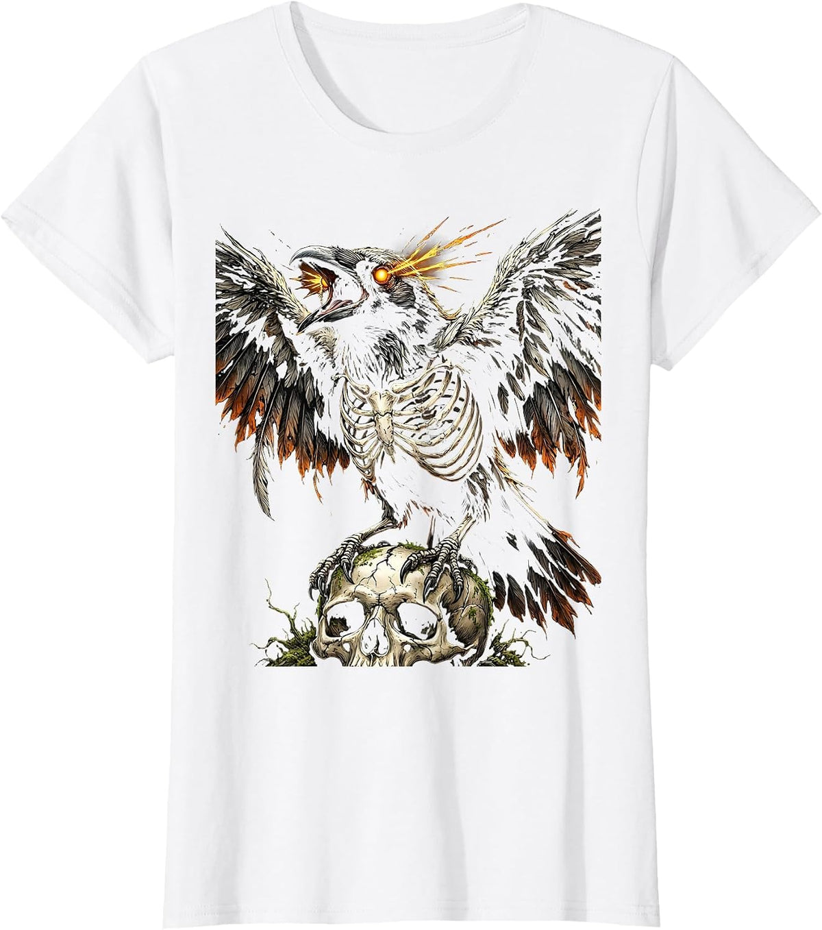 Skeletal Crow Glowing Eyes Dark Gothic Art T-Shirt - White