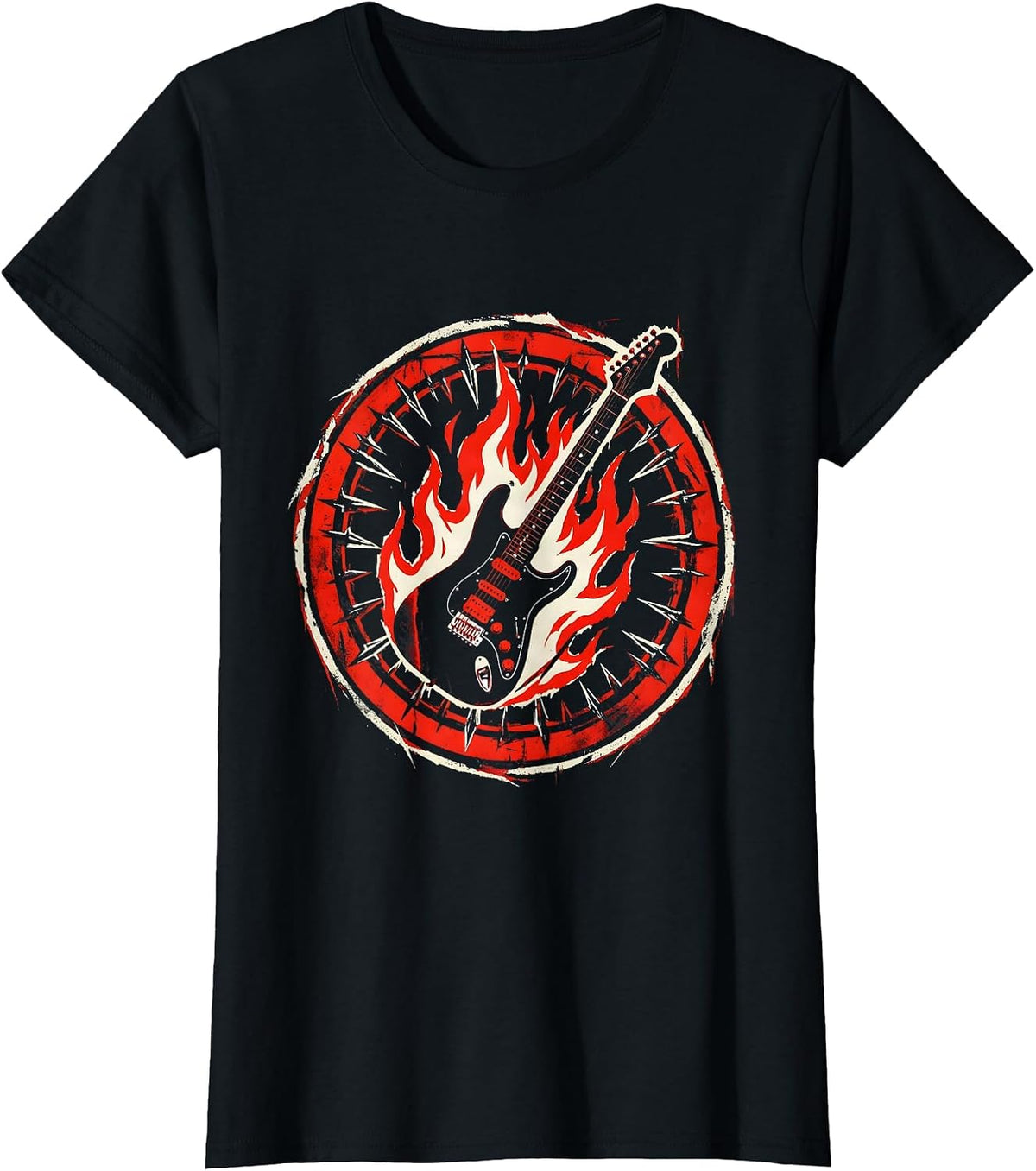 Flaming Electric Guitar 80s Rock Band Graphic T-Shirt - Black