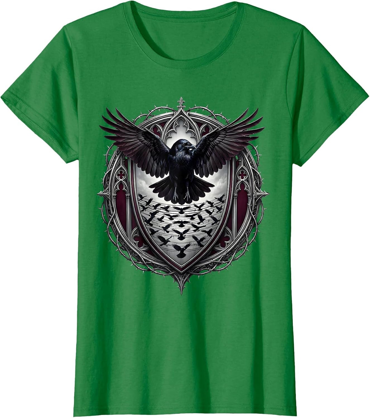 Crows on Power Lines Dark Nature Illustration T-Shirt - Kelly Green
