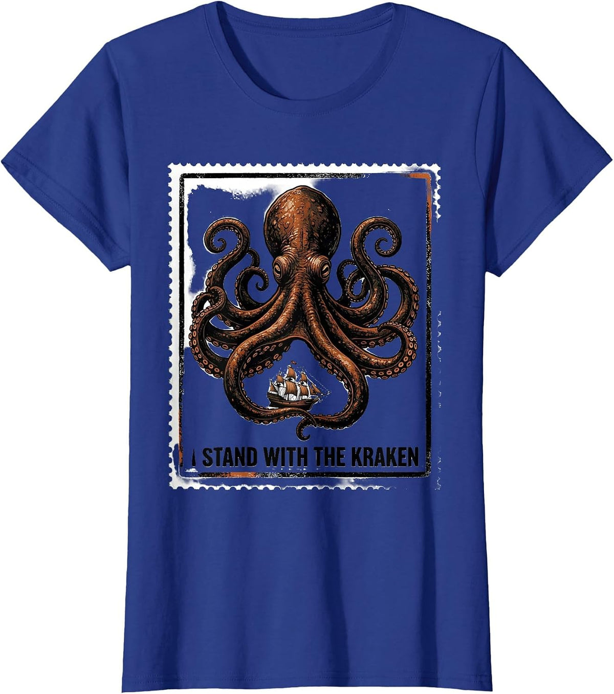 Women's I Stand With The Kraken Vintage Japanese Kraken Octopus T-Shirt - Royal Blue
