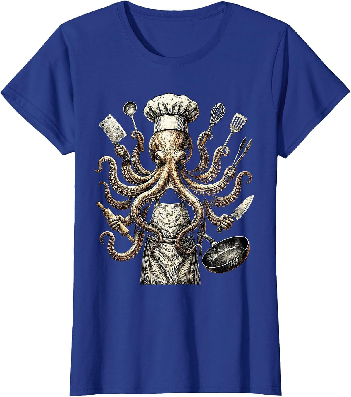 Women's Octopus Chef Holding Eight Kitchen Tools T-Shirt - Royal Blue